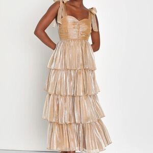 Lulu's Metallic Gold Tiered Tie-Shoulder Maxi Dress